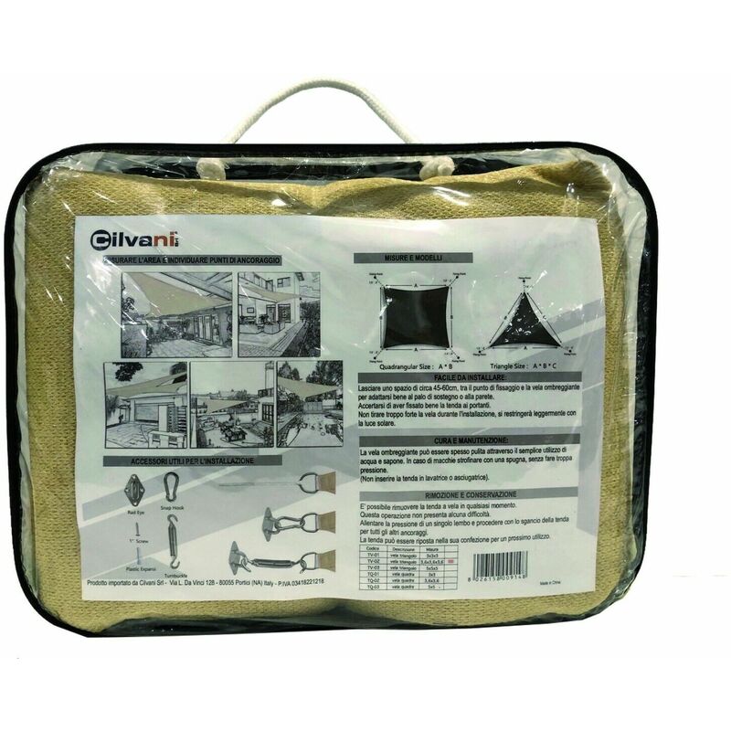 Tenda A Vela Quadra Ombreggiante Parasole Beige Hdpe con Corde e Anelli  Acciaio185gr/mq misura:5x5