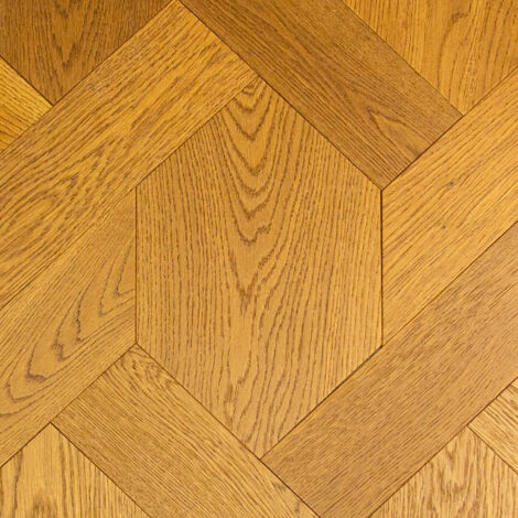 Parquet contrecollé chêne hexagon 112mm – Finition vernie – Teinte fumée – Épaisseur 15mm – Pose collée pour bureau et séjour