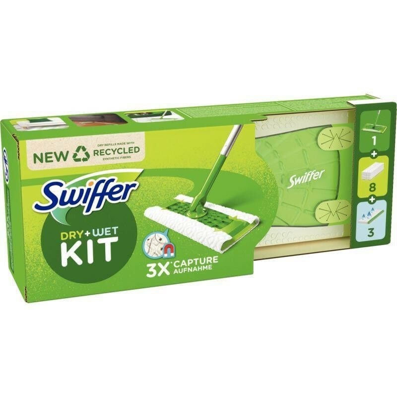 Swiffer Kit Complet Balai 8 Lingettes Sèches + 3 Lingettes Humides