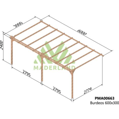 Pérgola de Madera Maciza  Adosada Burdeos (Maderland) - Gardeneas - 600 x 300 cm