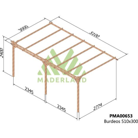 Pérgola de Madera Maciza  Adosada Burdeos (Maderland) - Gardeneas - 510 x 300 cm