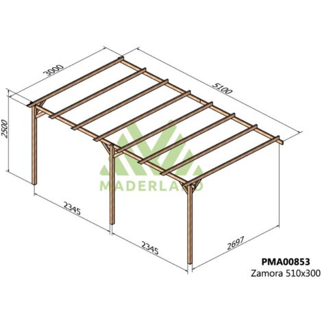 Pérgola de Madera Maciza Adosada Zamora (Maderland) - 510 x 300 cm