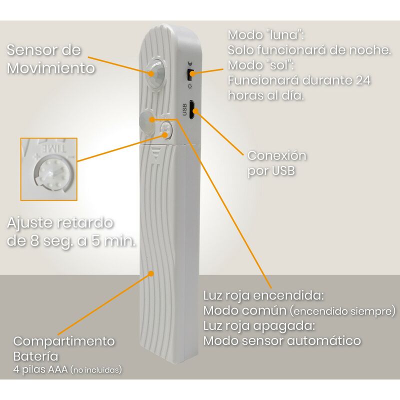 Tira LED 5V de 1m con Sensor 4 pilas AAA Luz Cálida 3000K