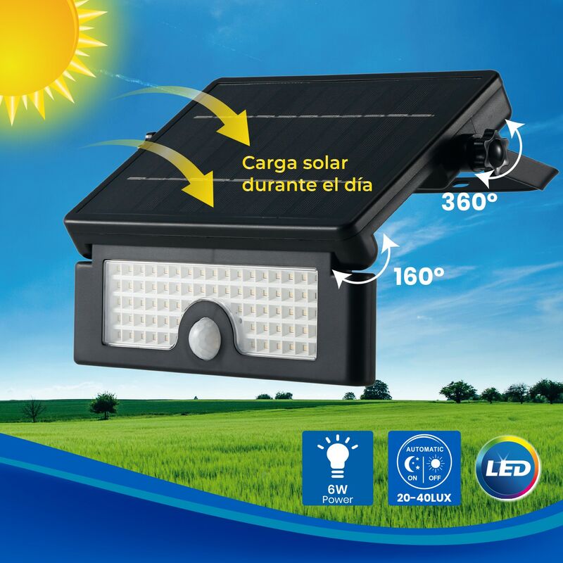 Aplique LED Solar exterior IP65 superficie pared 6W 800Lm Negro