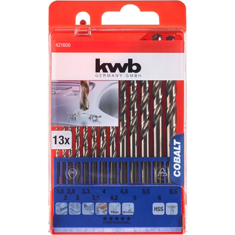 Kwb 421600 set 13 punte al cobalto a spirale per metallo HSS 1,5 - 6,5 +  3,3 + 4,2 mm