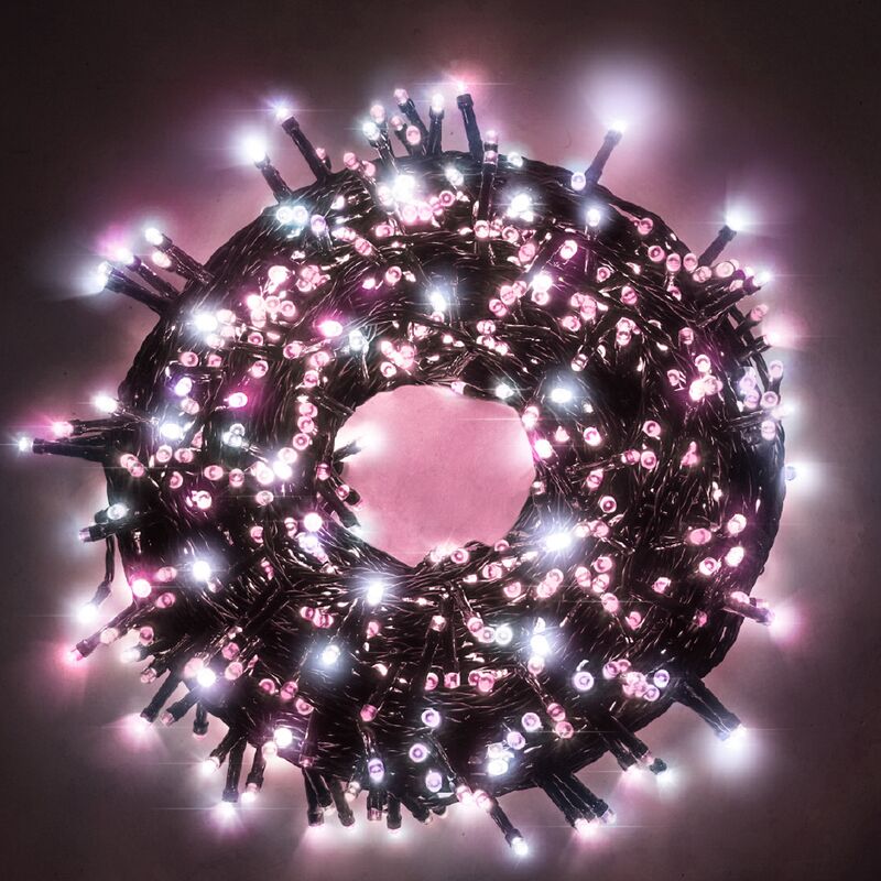 Luccika Home stringa catena 15 mt serie da 300 luci per albero di Natale a  led bianco ghiaccio e rosa 31V cavo verde con 8 giochi di luce e memoria  IP44 per uso esterno interno Bianco ghiaccio + rosa