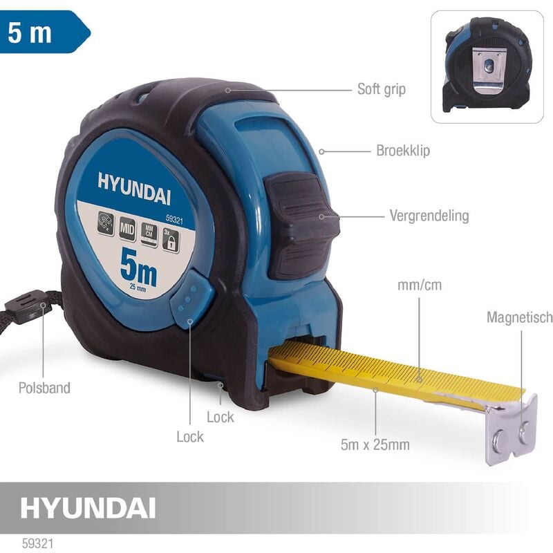 Hyundai 59321 flessometro magnetico metro a nastro 5 mt professionale con  cinturino e clip da cintura