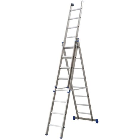Scala Azzurra professionale a tre tronchi in alluminio 12+12+12 gradini altezza min/max 360/810 cm con base stabilizzatrice