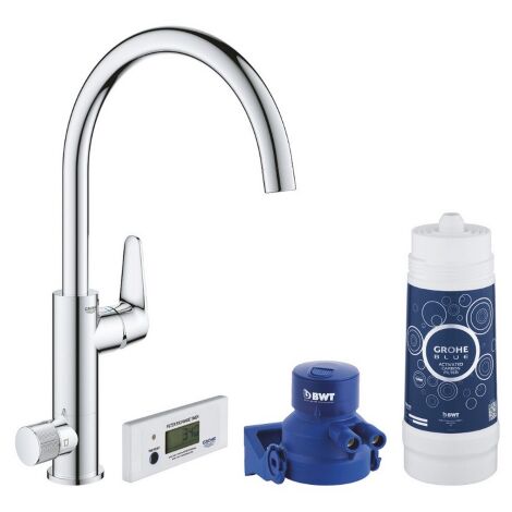 Grohe Blue Pure Baucurve miscelatore per lavello cromo con sistema di filtraggio dell'acqua starter kit filtro a carboni attivi per lavandino cucina
