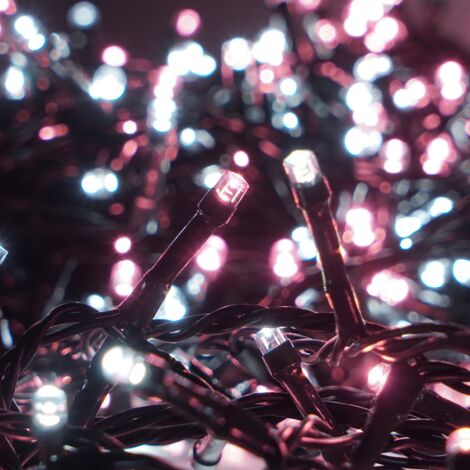Luccika Home stringa catena 9 mt serie da 180 luci per albero di Natale a led bianco ghiaccio e rosa 31V cavo verde con 8 giochi di luce e memoria IP44 per uso esterno interno Bianco ghiaccio + rosa c