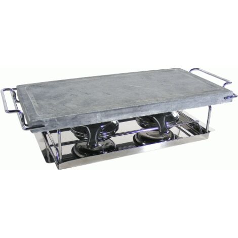 Bistecchiera 19x37 cm in pietra naturale ollare lavica con due fornellini per gel combustibile