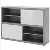 Pratico mobile basso cm35,6x140x87h colore cemento ante laccato bianco lucido ufficio casa