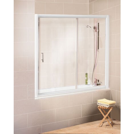Mampara de bañera corredera integral en nicho, mampara de bañera extensible  Schulte, 2 panels, cristal transparente, perfil blanco, 150 x 150 cm
