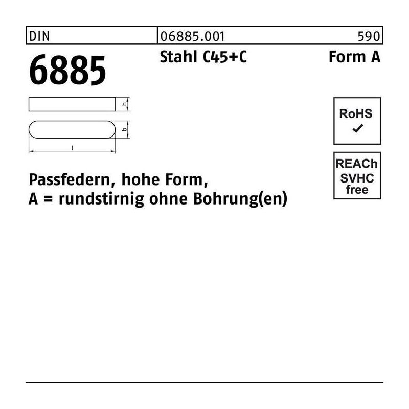 Passfeder DIN 6885 Form A rundstirnig/o.Bohrung A 18 x 11 x110 Stahl C45+