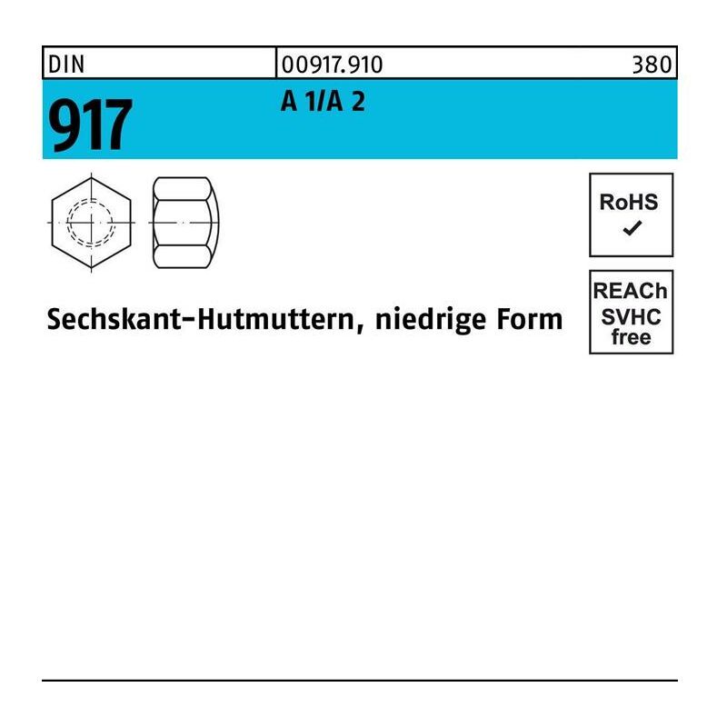 Hutmutter niedrige Form nach DIN 917, Edelstahl A2 V2A Sechskant