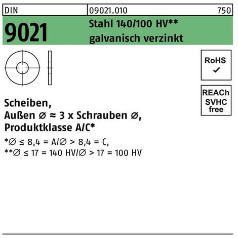 500 Unterlegscheiben DIN 9021 für M8 - Aussen-Ø = 24 mm - Stahl, M8, blank, 500 Stück