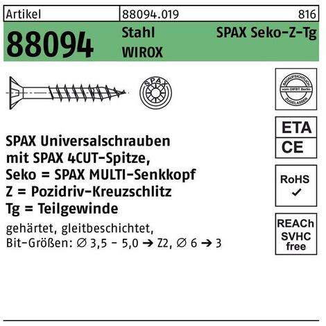 Schraube Spax Senkkopf Spanplattenschraube Ø 4,0mm Vollgewinde silber verzinkt 