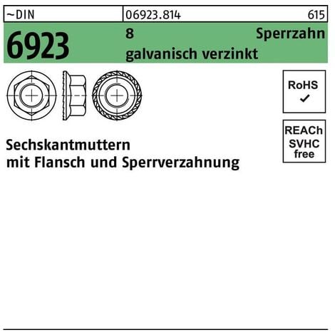 Sechskantmutter DIN 6923 m.Flansch/Sperrverzahnung M 4 8 galvanisch verzinkt