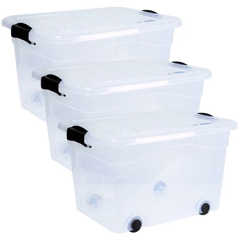 3x Transparente Aufbewahrungsbox 50L Mit Rollen - Stapelbare Kunststoffboxen