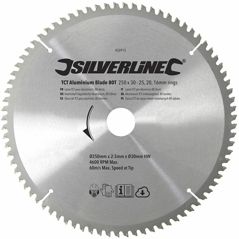 Silverline TCT Aluminium Blade 80T - 250 x 30 - 25, 20, 16mm Rings