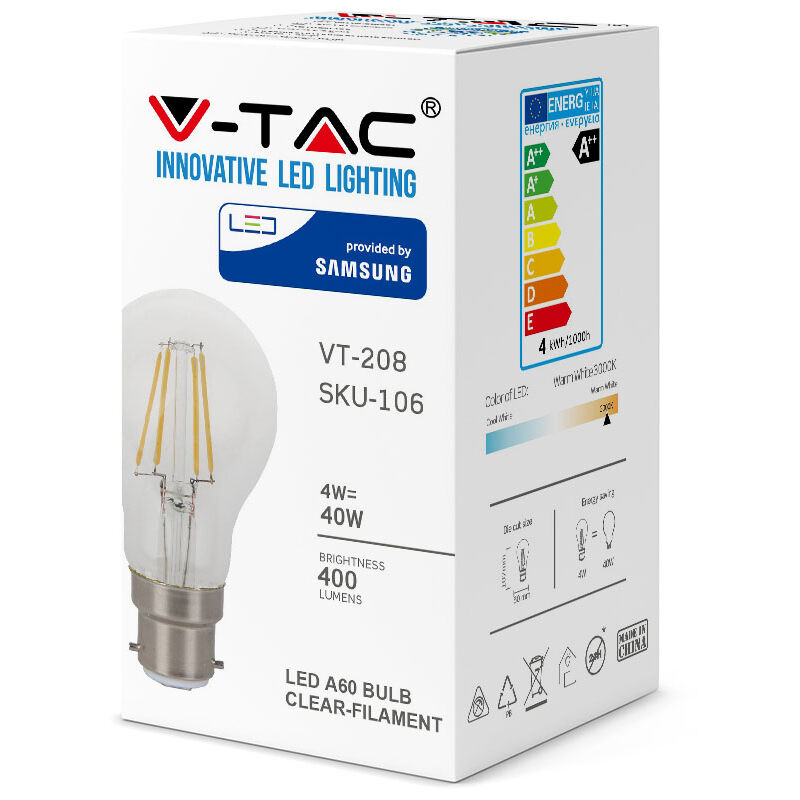 V-TAC VT106 LED Filament Bulb-Clear Cover Glass A60 Samsung Chip