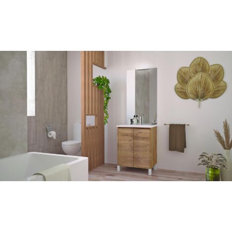 ONDEE - Mueble de baño suspendido BELIS + Espejo - Entregado montado - Fabricado en Europa - Ancho: 60cm - Acabado: madera (1/5)