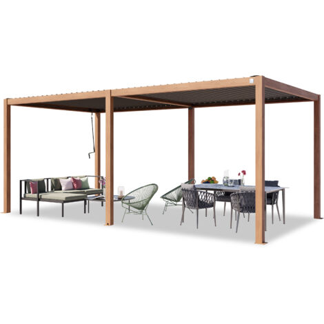 PRIMEYARD Pérgola 3x6 m postes de aluminio aspecto de madera con techo de lamas de acero pabellón de jardín (1/5)