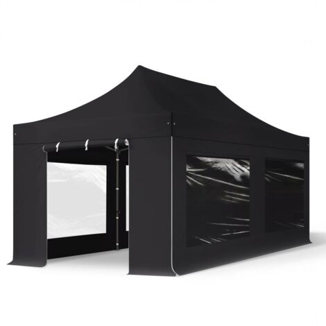 3x6 m gazebo pieghevole PVC ignifugo con laterali (finestre panoramiche), PREMIUM acciaio, nero (1/5)