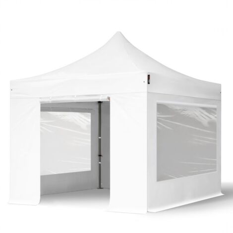 3x3 m gazebo pieghevole PVC ignifugo con laterali (finestre panoramiche), PREMIUM acciaio, bianco (1/5)