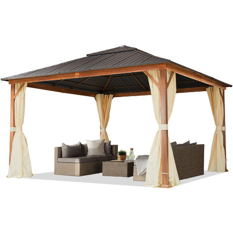 TOOLPORT Cenador de jardín 4x4 m, Aspecto Madera, Techo sólido, 4 Cortinas en champán (1/5)
