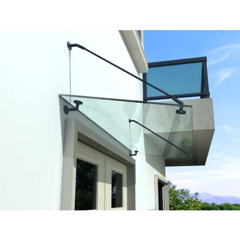 BuyLando - (STR) Auvent en verre transparent 120x90 cm avec support en acier inoxydable RAL 7016