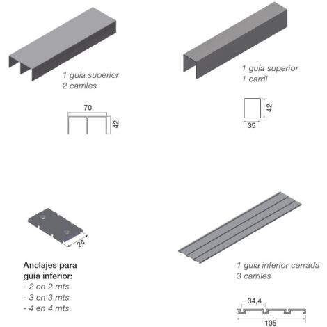 Atlantico Kit Guia 3 Carriles Plata 2Mts (1/2)