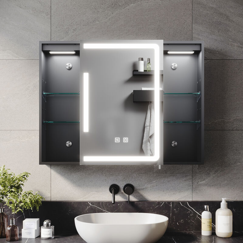 Armoire De Salle De Bain Avec Éclairage LED Et Prises - Miroir Avec Étagères Réglables 80x16x77cm - 6 Compartiments