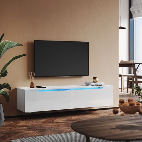 Meuble TV LED moderne, corps blanc mat avec lumière LED, 140cm de largeur, meuble  TV, rangement