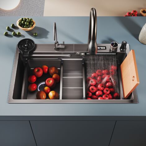SIRHONA Évier de Cuisine 1 Bac Acier Évier en acier inoxydable,Sortie d'eau de type cascade, robinet multifonctionnel 75x45x23 cm avec affichage de la température
