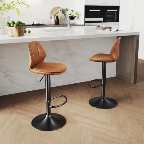 Sirhona – Lot de 2 tabourets de bar réglables en hauteur – Siège en PU marron – Base noire – Hauteur 88-108cm – Charge max 120kg