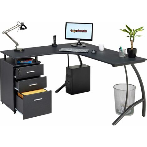Large Corner Computer Desk with 3 Drawers and A4 Filing Matching Range Home Office Graphite Black - Piranha Furniture Regal - Graphite Black