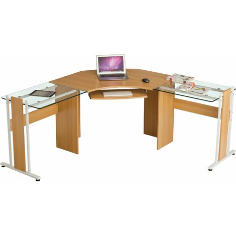 Large Corner Computer Desk Office Table with Glass for Home Gamers Students Work Oak - Piranha Furniture Frigate - Oak