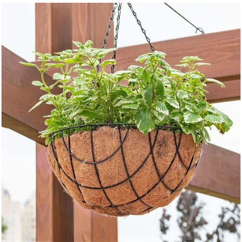 Fioriera sospesa in metallo, cestini per piante da esterno - Vasi sospesi da 10 pollici con rivestimento in palma da cocco - Decorazione da giardino, porta piante rotondo con catena per