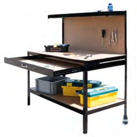 Banco da Lavoro Q-Rax Nero, Fai-da-te, Scaffale per Officina MDF, Tavolo da Lavoro Garage 150 x 120 x 60 cm