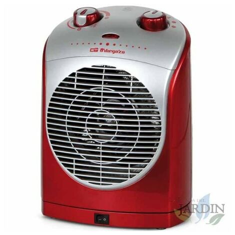 Riscaldatore oscillante 90º. Colore rosso. Due potenze: 1100W-2200W.  Temperatura regolabile. Posizione aria fredda (ventilatore)