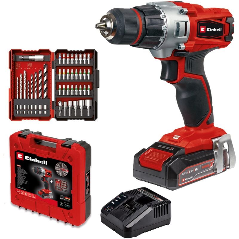 Einhell Perceuse Visseuse sans fil TE-CD 18/2 Li +39 (1 x 2,5 Ah) Power X-Change (Li-Ion, 18 V, Couple 44 Nm) Livré avec Batterie 2,5 Ah, Chargeur et 39 Accessoires