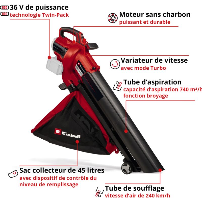 Einhell Professional Aspirateur-souffleur de feuilles sans fil VENTURRO 36/240 Power X-Change (36V, aspiration max 740 m³/h, sac collecteur 45L, moteur sans charbon) Livré sans batterie ni chargeur 2