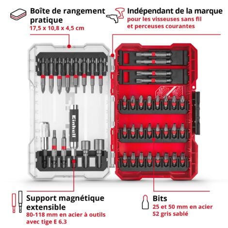 Einhell Set M-CASE Coffret de 42 embouts de vissage (embouts S2 de 25 mm, embouts S2 de 50 mm, support magnétique, clé à douille, support d'embouts à changement rapide)
