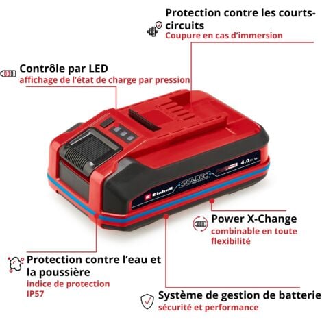 Einhell Batterie étanche 4,0 Ah SEALED Power X-Change PLUS (Lithium-Ion, 18 V, pour tous les appareils Einhell Power X-Change, Protégée contre la poussière et les jets d'eau)