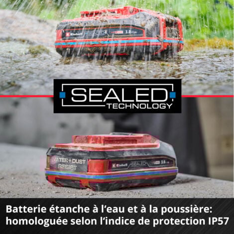 Einhell Batterie étanche 4,0 Ah SEALED Power X-Change PLUS (Lithium-Ion, 18 V, pour tous les appareils Einhell Power X-Change, Protégée contre la poussière et les jets d'eau)