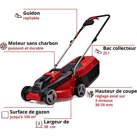 Einhell Tondeuse à gazon sans fil GE-CM 18/30 Li Kit (2x3,0Ah) Power X-Change (18 V, Largeur de coupe 30 cm, Surface conseillée 150 m²) Livré avec 2 Batteries 3,0 Ah et Chargeur