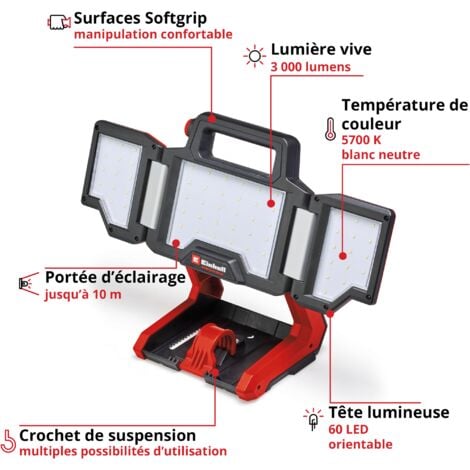 Einhell Lampe sans fil TP-CL 18/3000 Li Set-Solo Power X-Change (18 V, 3 000 lm, tête lumineuse orientable, panneaux lumineux rabattables, 60 LED, avec trépied) Livré sans Batterie ni Chargeur