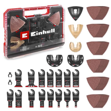 Einhell Set de 70 Accessoires universels pour outils multifonctions pour le bois et métal (lame de scie plongeante CrV, lame de scie semi-circulaire HCS, plaque de support Delta , grattoir flexible)