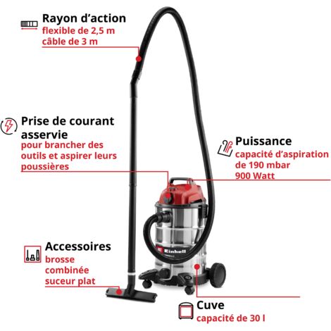Aspirateur Eaux Et Poussières Einhell TC-VC 3055 S - 950W, 30L Inox, Flexible 2,5m, 190 Mbar